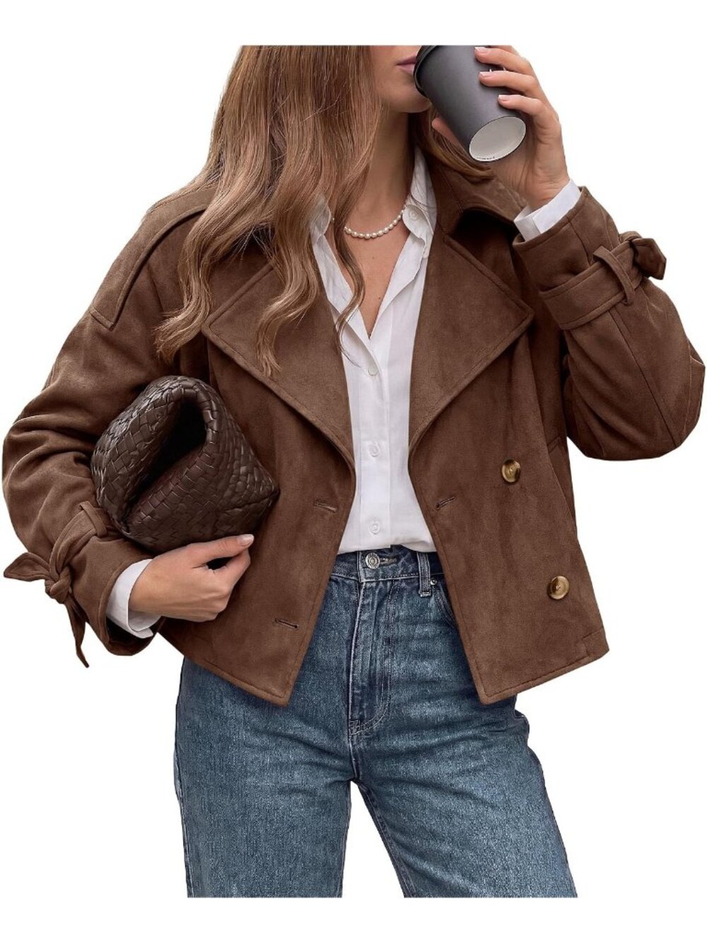 Women Coffee Faux Suede Long Sleeve Button Down Tie Cuff Lapel Trench Coat